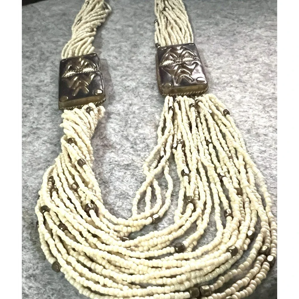 Vintage Necklace Multi Strand cream Seed Bead brass Round Beads 26